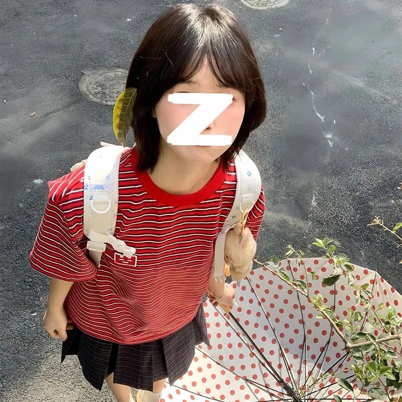 红色条纹宽松情侣短袖T恤上衣女
