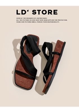 【限时78】羊皮踩屎感厚底方头一字带凉拖鞋女外穿复古两穿凉拖鞋