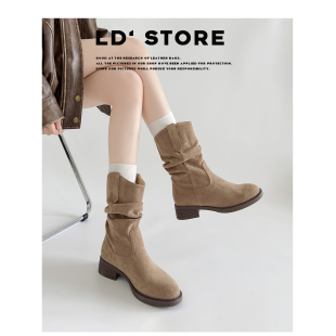 真皮~美拉德短靴女秋新款复古马丁靴粗跟堆堆靴内增高西部牛仔靴