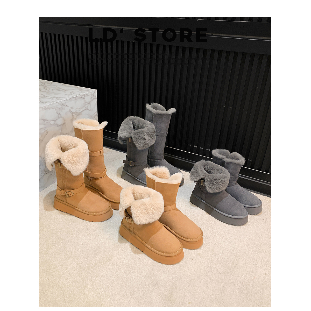 灰色长筒雪地靴女2025冬两穿厚底中筒加绒东北毛毛棉鞋保暖高筒靴