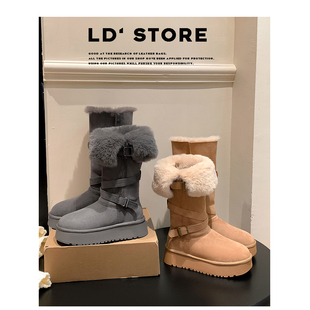 厚底高筒雪地靴女2025年冬季新款翻边交叉带加绒加厚保暖毛毛棉鞋