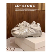 女春秋月牙底内增高休闲运动阿甘鞋 真皮 复古珍珠芭蕾银色德训鞋