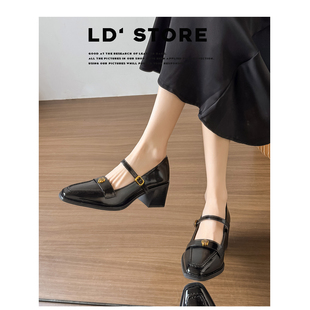 真皮~复古法式黑色玛丽珍高跟鞋女春季通勤不累脚山茶花粗跟单鞋