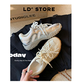 牛皮版 休闲厚底阿甘运动鞋 内增高月牙蕾丝珍珠银色德训鞋 女春季