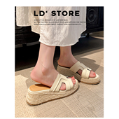 赵露思同款 厚底坡跟凉拖鞋 女2025新款 真皮版 松糕草编凉鞋 夏外穿