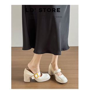 真皮~法式玛丽珍高跟鞋女2026新款厚底粗跟一字带仙女风浅口单鞋