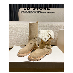 六点大叔复古增高马丁靴女2024冬季 加绒保暖两穿羊羔毛雪地靴短靴