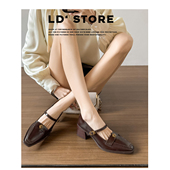 真皮 一字扣通勤棕色玛丽珍高跟鞋 复古粗跟山茶花单鞋 女2026新款