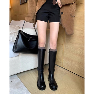 六点大叔真皮两穿中高筒可拆卸骑士短靴女秋季不过膝粗跟圆头长靴