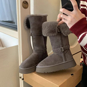 小个子高筒灰色雪地靴女2024冬新款 东北加绒保暖两穿厚底长筒棉鞋