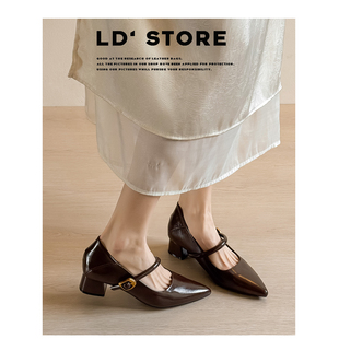 真皮~内增高法式尖头玛丽珍粗跟单鞋女春季一字带通勤工作高跟鞋