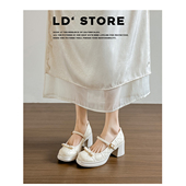 小香风菱格纹单鞋 真皮 新款 法式 粗跟白色玛丽珍高跟鞋 女2026春季