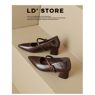 真皮~内增高法式复古粗跟玛丽珍单鞋女春季通勤一字带尖头高跟鞋