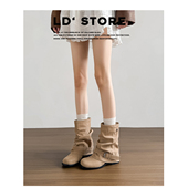 新款 羊皮版 内增高西部牛仔靴女2025秋季 复古粗跟搭扣短筒骑士靴