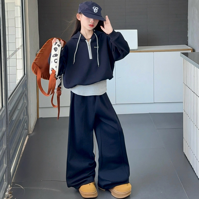 女大童秋装套装2026新款韩系中大童连帽卫衣两件套学生休闲运动风
