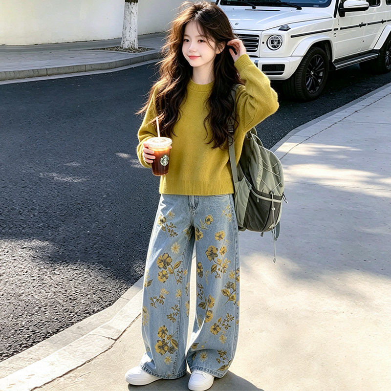 女童秋装套装2026新款韩系洋气中大童保暖毛衣裤子两件套运动服