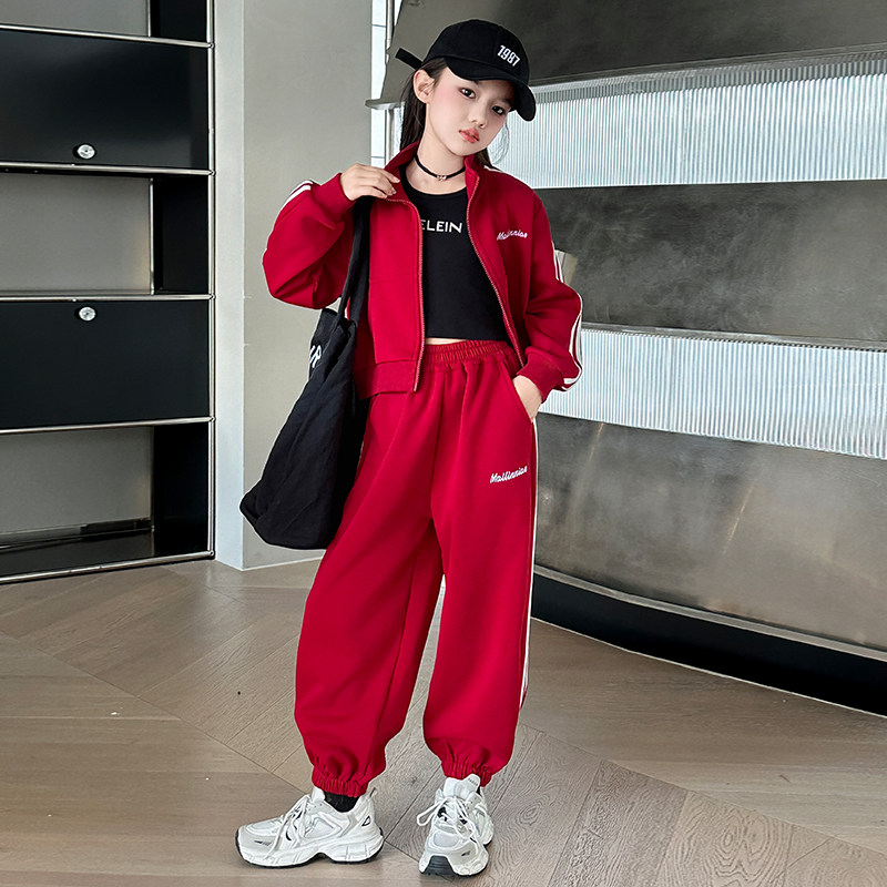 女童秋装套装2026新款韩系纯棉运动外套裤子两件套宽松休闲中大童
