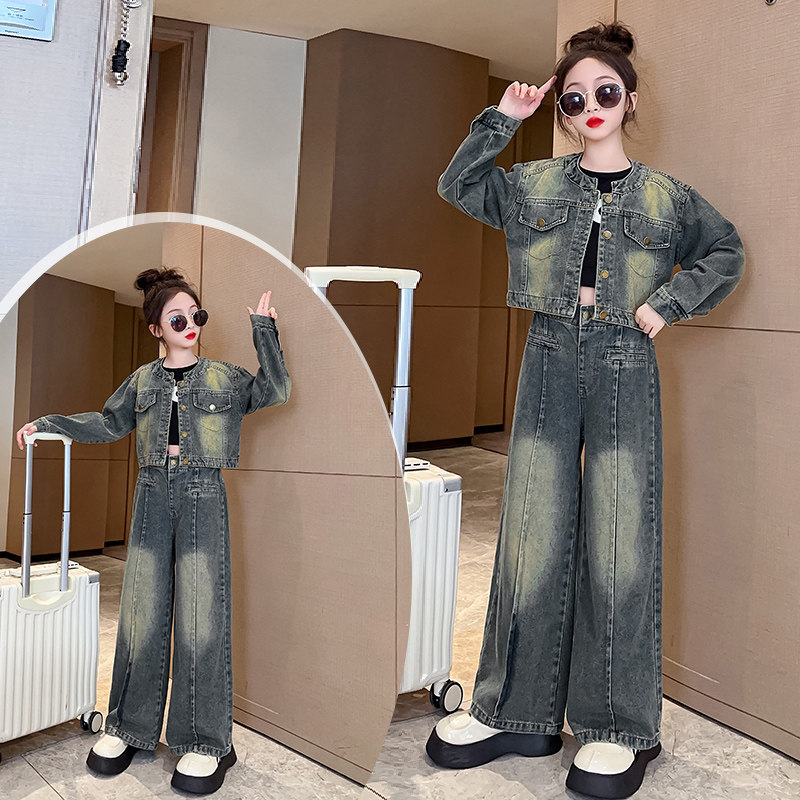女童秋装套装2026新款韩系洋气中大童牛仔两件套学生休闲运动服