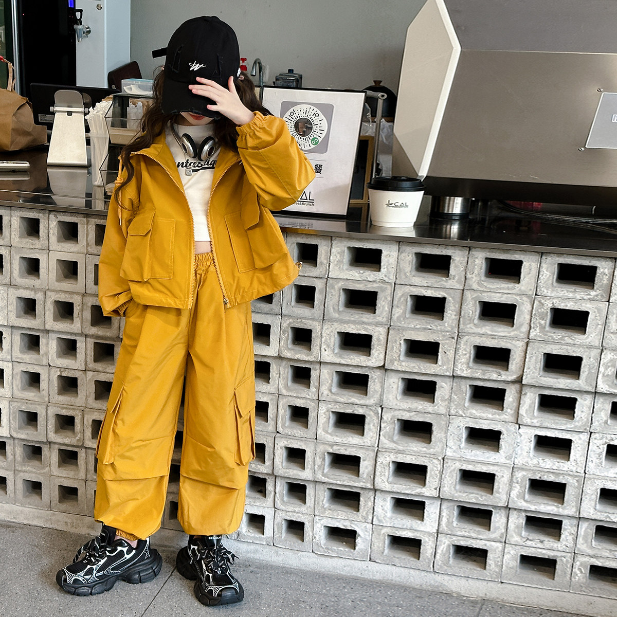 女童秋装套装2026新款韩系纯棉工装外套裤子两件套宽松休闲中大童