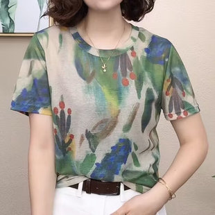 T恤女宽松显瘦百搭印染天丝棉上衣 2025新款 夏季 时尚 圆领印花短袖