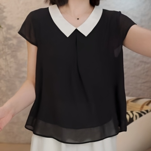 高级感撞色娃娃领雪纺上衣女夏季宽松显瘦遮肚子短袖衬衫年轻减龄