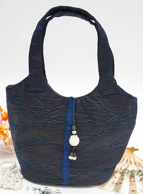 篮子手提包【油丝梅花-蓝色】香云纱单肩包真丝桑蚕丝古风气质