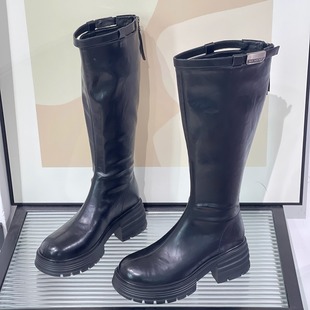 2025秋冬新款 厚底长靴不过膝瘦瘦靴子黑色弹力高筒靴粗跟骑士靴女