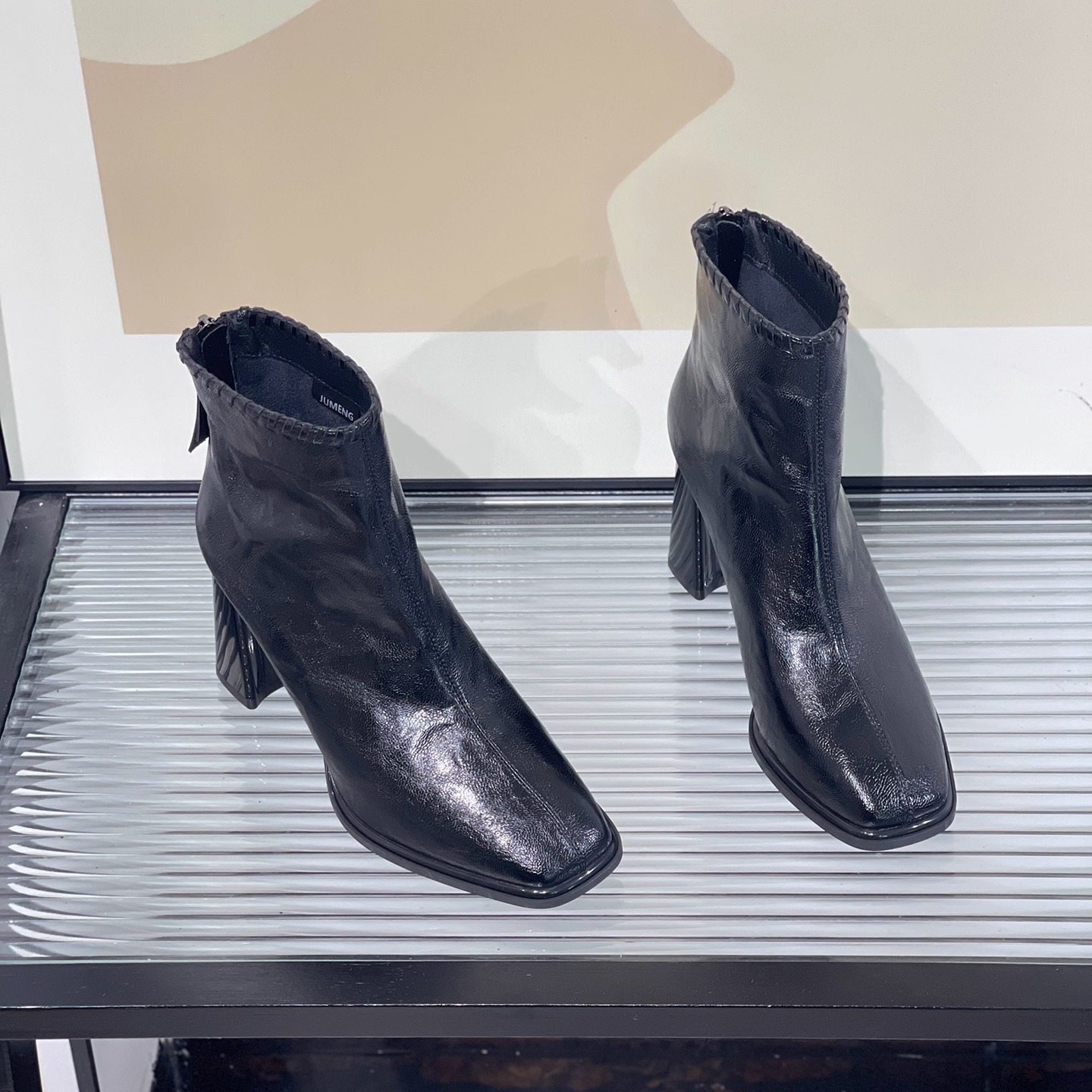 2025年秋冬法式方头粗跟短靴女后拉链高跟7.5CM时装靴瘦瘦靴百搭