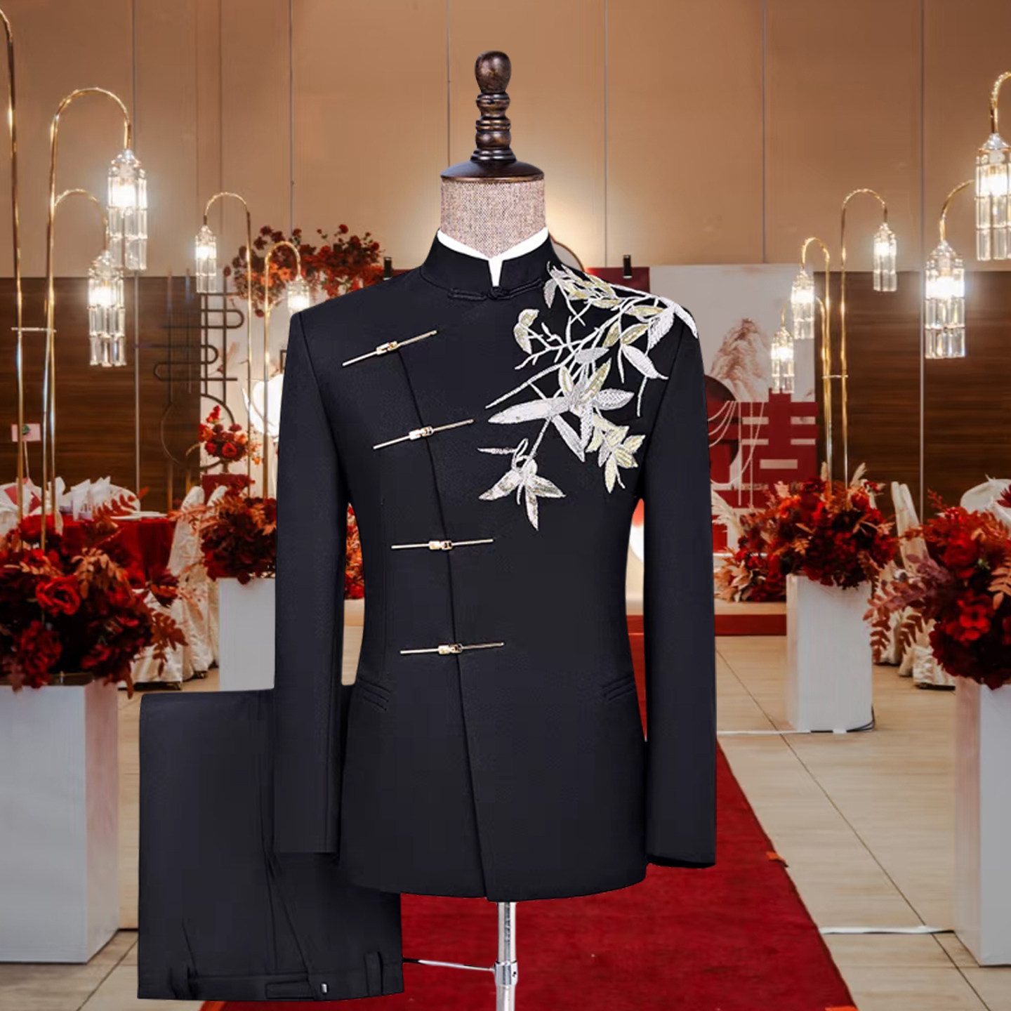 黑色男士秀禾服新郎装订婚礼服新中式中山装演出服男学生舞台装,男装,中山装,淘宝优惠券,粉丝福利购,淘宝优惠卷