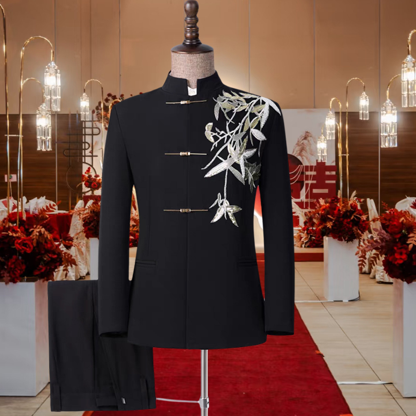 男士秀禾服新郎装新款订婚礼服主持人中式黑色中山装演出服男套装