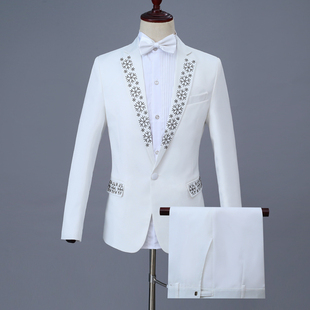 年会主持人学生艺考舞台表演服装 礼服套装 白钻 西服修身 合唱团男士