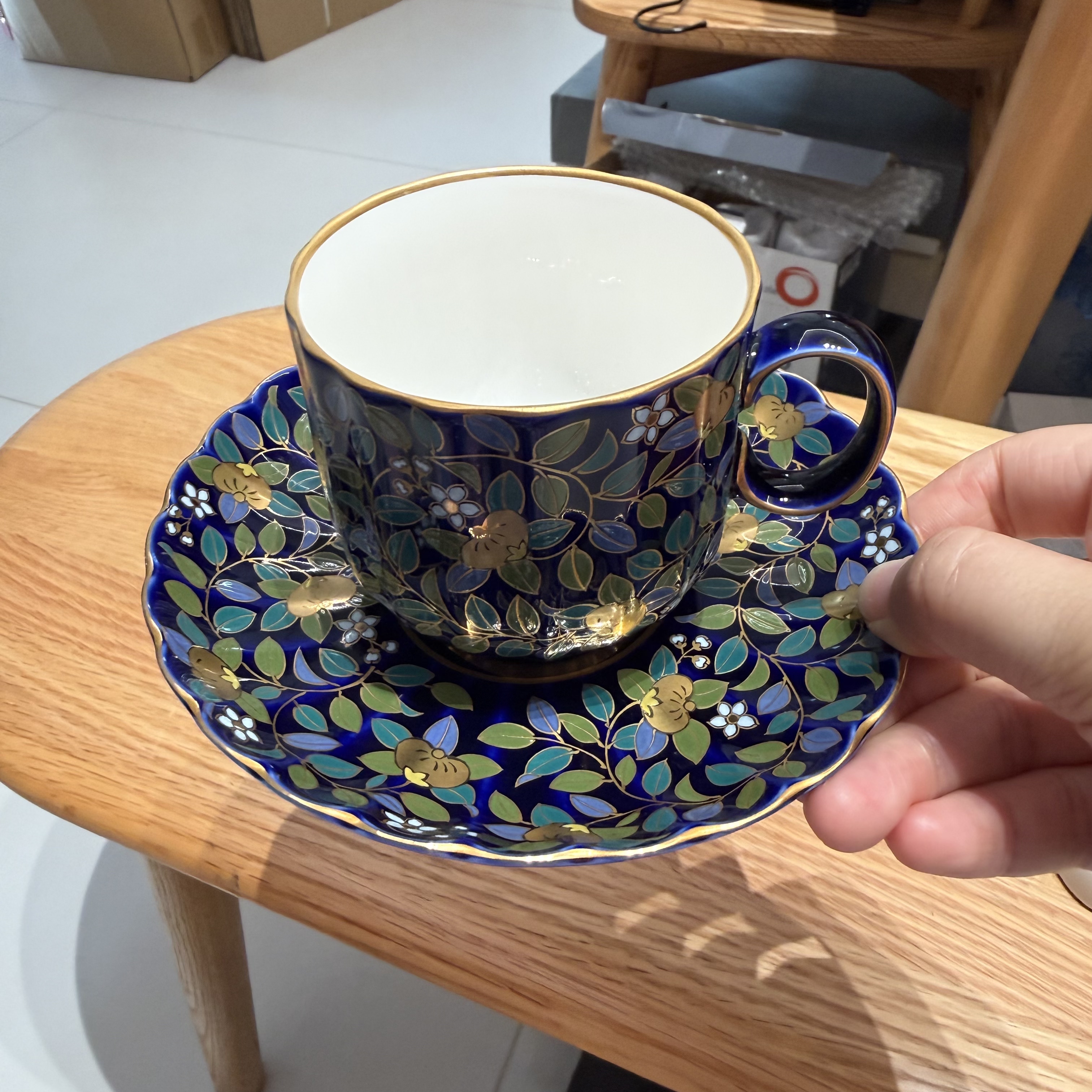 日本中山保夫Nakayama中古山茶花钴蓝鎏金咖啡杯 约200ml 近全新
