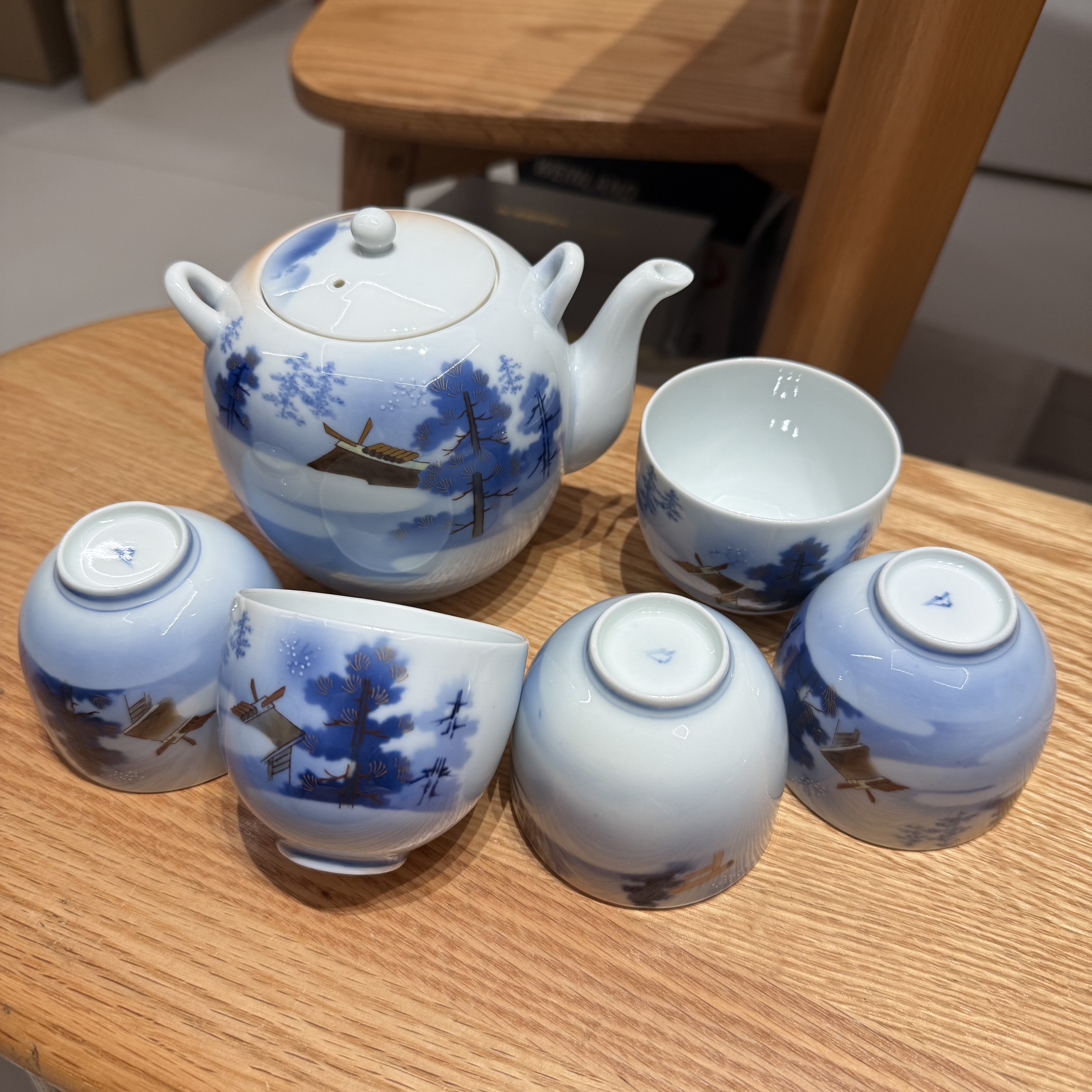 日本深川制手绘青花雪景图一壶五杯 稀有孤品 缺提梁 无盒全新