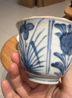 日本中古手绘青花酱褐釉花口菱边茶杯 压手杯 老杯子 约150ml