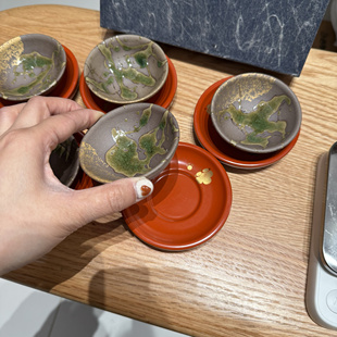 20ml 原盒全品全新 日本小酒盏茶盏带实木大漆底托 五组十件套