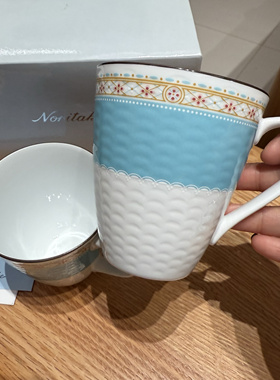 日本Noritake则武蕾丝浮雕湖蓝色马克杯 一对 原盒全品全新300ml