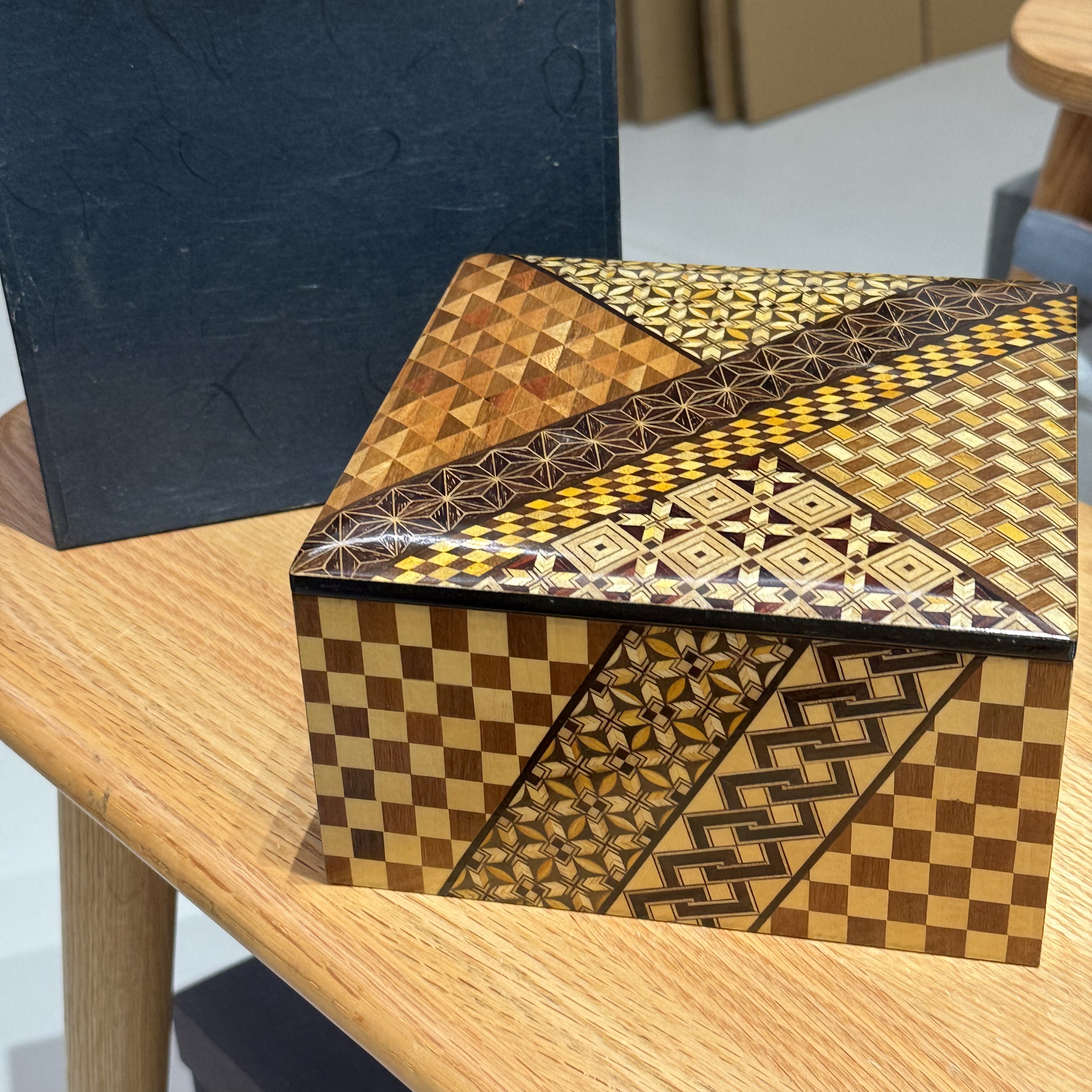日本中古寄木细工实木方型首饰盒盖盒收纳盒16*9cm 全新 保真