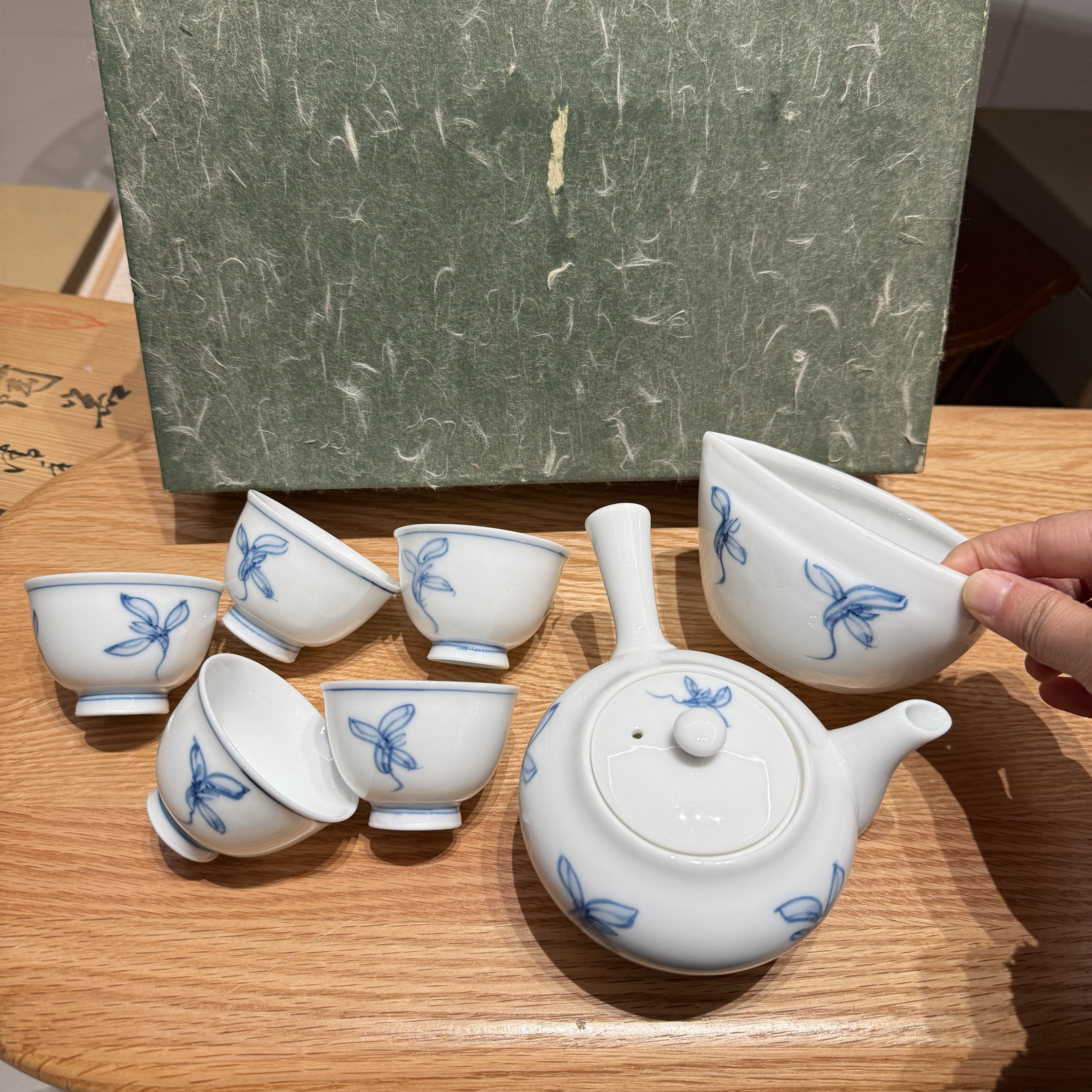 日本香山流青花手绘一壶五杯公道茶具套装 球孔 瓷胎温润如玉