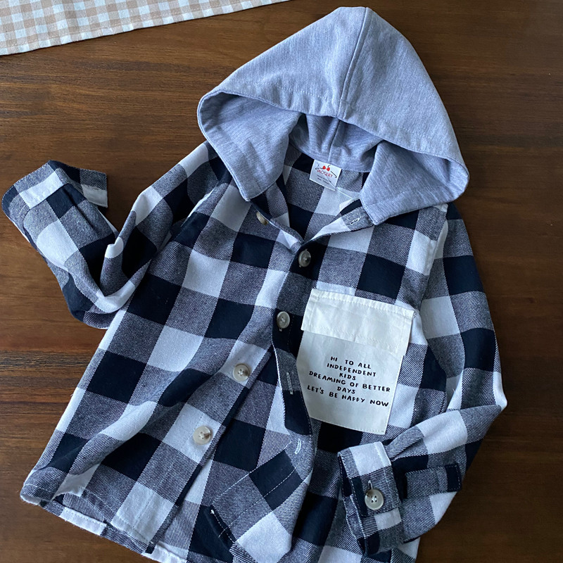 搬仓库清仓! 欧美范男童黑白格子衬衫 连帽长袖春秋衬衣