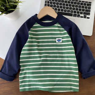 【厚厚软软】外穿打底都实用 男童撞色长袖T恤 圆领条纹上衣