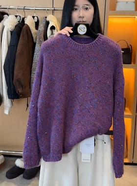 新款长袖女装上衣紫色宽松亮片针织绵羊毛毛衣HBZ105