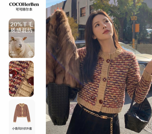 CocoHerben冬季女装撞色复古圆领长袖网红时尚百搭针织衫HBT0908