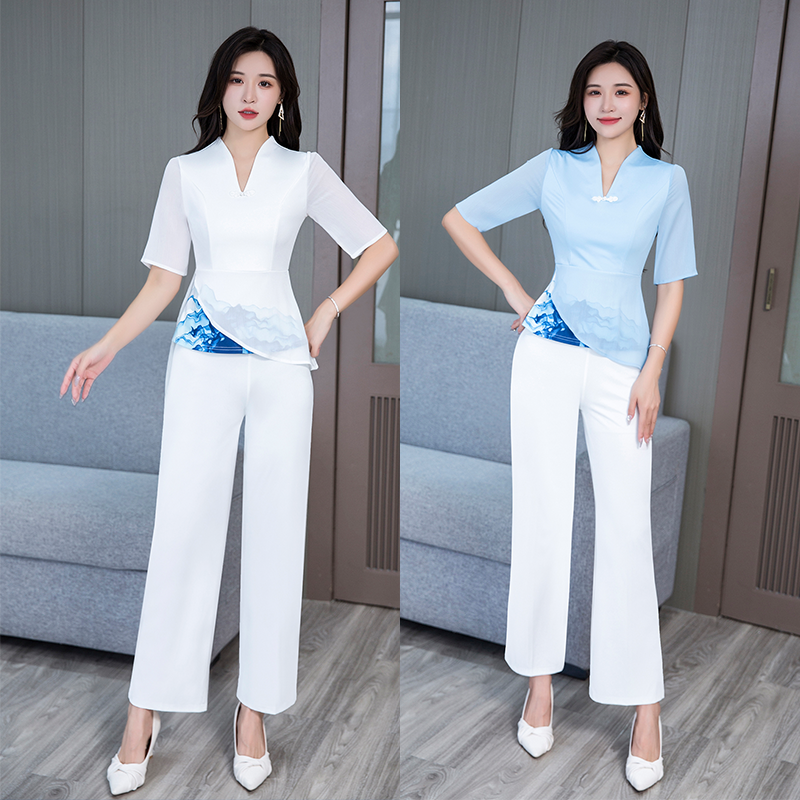 中袖采耳师服装工装茶艺师改良中式养生馆工作服套装女显瘦中国风