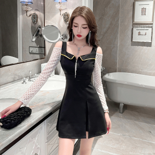 足浴店足疗技师工作服spa桑拿按摩浴场长袖性感露肩连衣裙带短裤