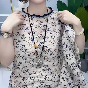 女潮 2025夏季 新款 洋气碎花拼接黑色木耳边圆领宽松显瘦短袖 雪纺衫