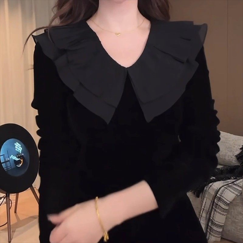 法式小香风V领荷叶边金丝绒衬衫女长袖修身显瘦气质轻奢叠穿上衣,女装/女士精品,衬衫,淘宝优惠券,粉丝福利购,淘宝优惠卷