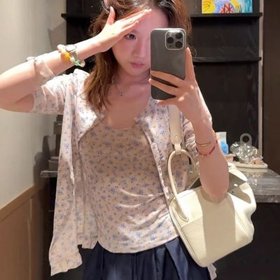韩系纯欲风小碎花修身显瘦长袖开衫叠穿性感收腰吊带两件套女夏季