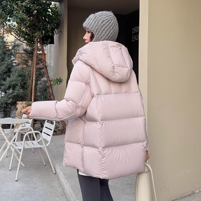 新国标90白鸭绒女士中长款泡芙龟背连帽羽绒服加厚欧货宽松面包服