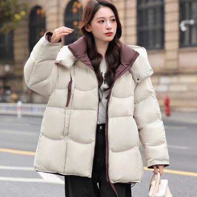 新国标90白鸭绒女拼色韩系抽绳收腰泡芙中长款加厚保暖连帽羽绒服