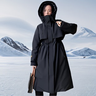 冬抗寒4.0白鹅绒情侣过膝长款户外抗风防水连帽派克风衣羽绒服女